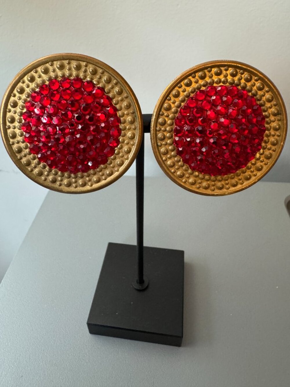 Vintage Richard Kerr Red Rhinestone Clip On Earrings Signed 1980s Runway